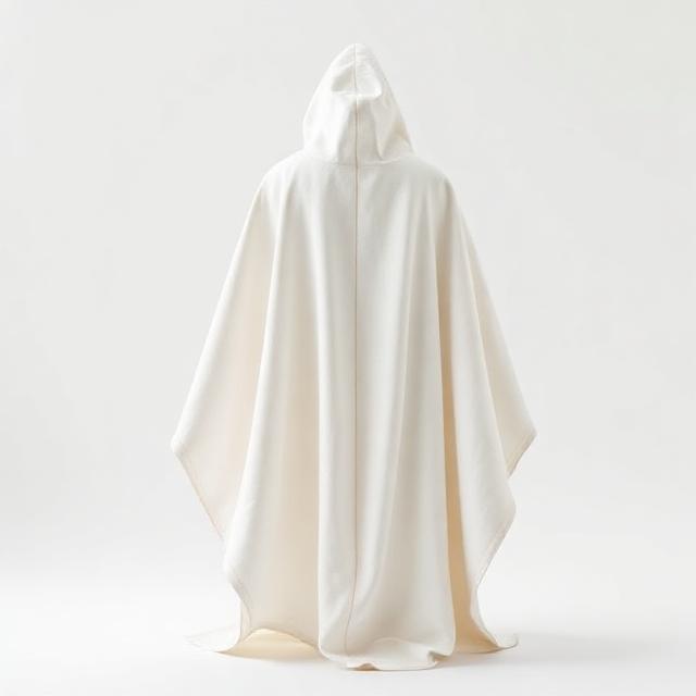 Minimalist studio photograph of an abstract cloak-like textile sculpture titled 'Cloak of Peace', soft off-white fabric with subtle gold stitching accents, elegant gallery lighting, clean off-white background
