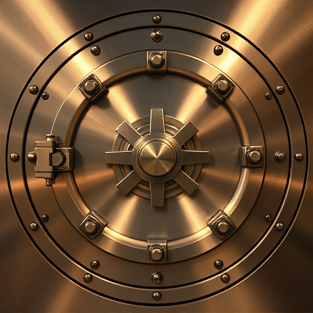Front-on symmetrical bank vault door, wheel handle and locking bolts, editorial minimal image